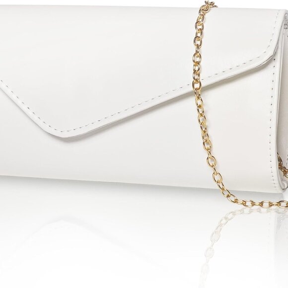 White leather envelope clutch purse with chain strap, elegant evening bag - Picture 1 of 7